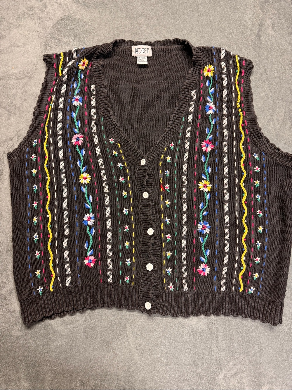 Vintage 1980s Black Knit Button-Front Sweater Vest with Multicolor Embroidery